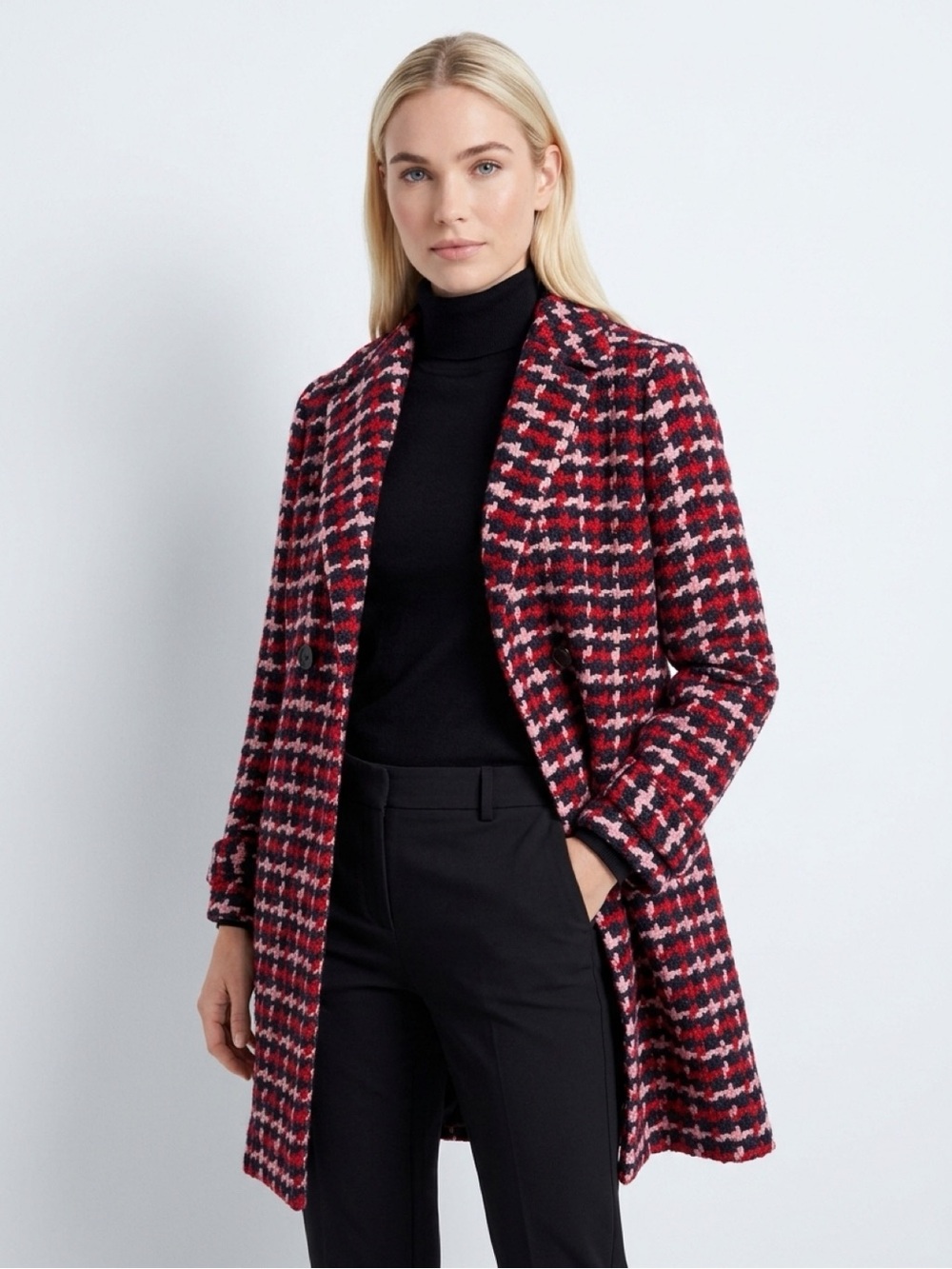 Talbots Red & Pink Houndstooth Pea Coat